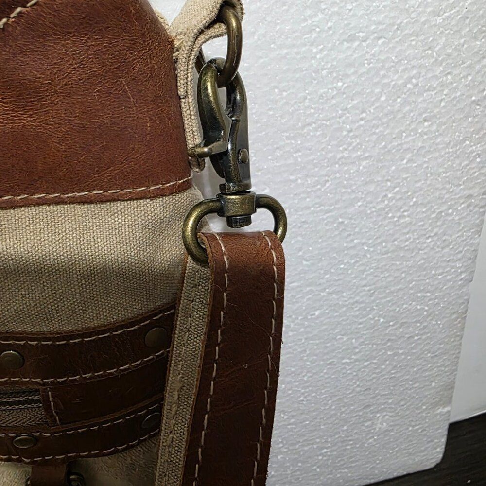 Myra Country Charm Upcycled Canvas & Leather Beige Brown Shoulder Crossbody Bag - Picture 4 of 12
